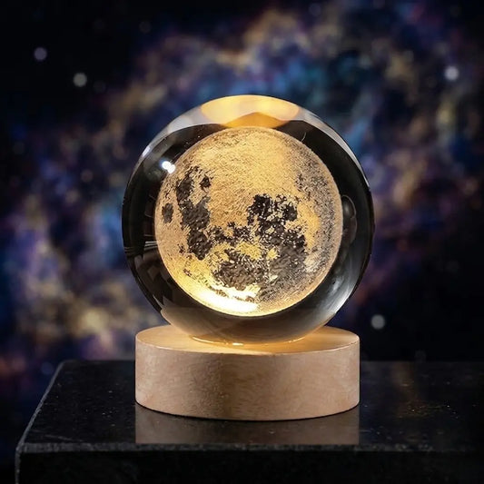 3D Crystal Moon Lamp – Premium LED Night Light with Wooden Base